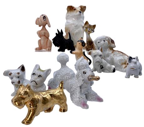12 Miniature Porcelain & Wood Dog & Cat Toy Animal Figurines