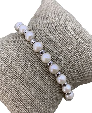 NEW Cultured Freshwater Pearl, Sterling & Rhodium Adjustable Bracelet