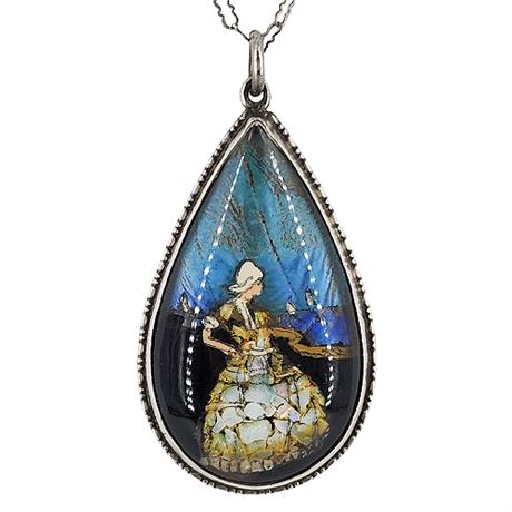 Vintage Sterling Silver Butterfly Wing & Opal Chip Dutch Woman Pendant Necklace