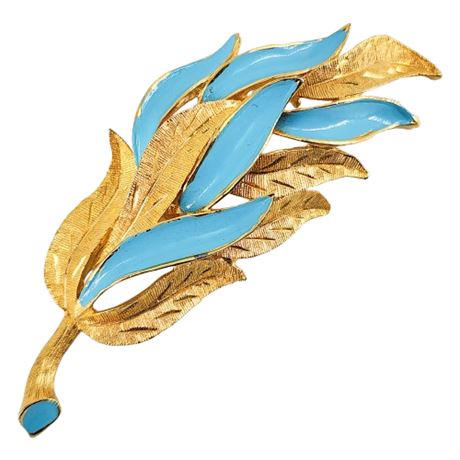 Signed Vintage Kramer Aqua Enamel Leaves Brooch