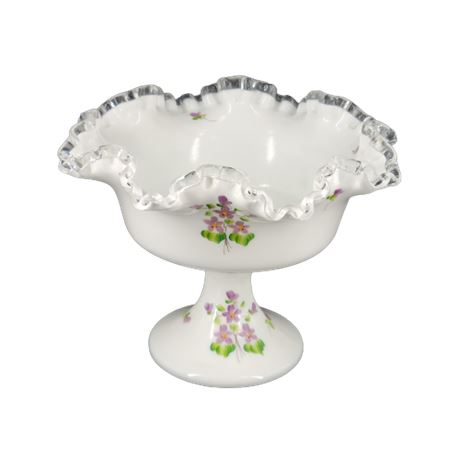 Vintage Fenton Ruffled Top Silver Crest "Violets" Art Glass Compote Vase
