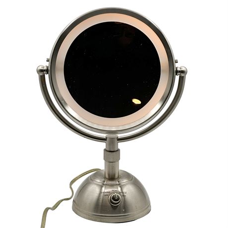 Brushed Nickel Illuminated Flip Magnifying Mirror With AC Outlet