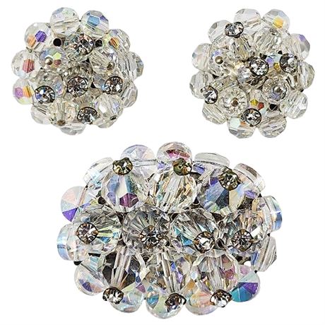 Vintage Aurora Borealis Bead & Rhinestone Brooch & Clip Earrings Set