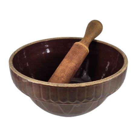 Vintage Dark Brown Stoneware Mixing Bowl / Wooden Pestle Food Processor Masher