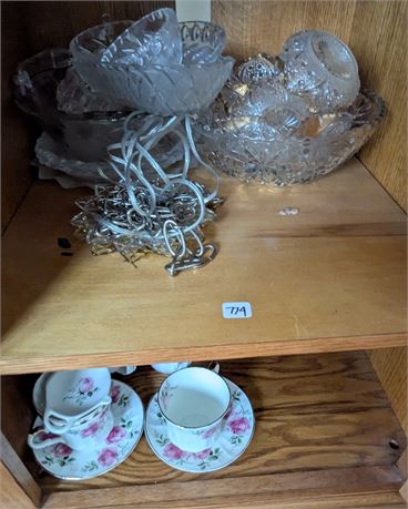 2 shelf buy-out - Lot Tea Cups/Saucers + glass bowls, misc.