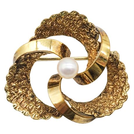 Vintage TEKA Genuine Pearl Gold Plated Triangle Swirl Brooch
