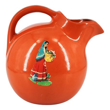 Vintage Orange Pottery Tilted Ball Pitcher w/ Decals