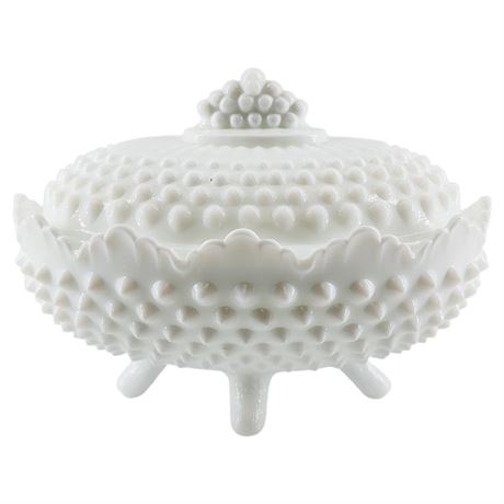 Vintage FENTON Hobnail Milk Glass Footed Oval Candy Dish w/ Lid
