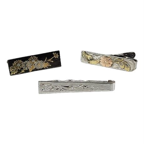 Three Vintage Sterling Silver Engraved Floral Tie Clips