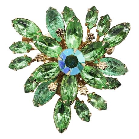 Vintage Prong Set Green Rhinestone & Molded Glass Navette Brooch
