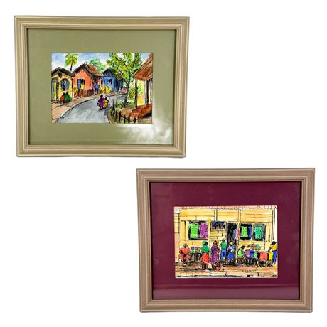 Pair of Colorful Watercolor Haitian Street Scenes Signed S. Wanston