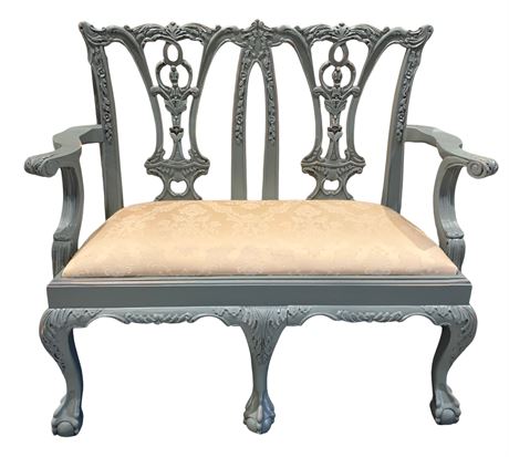 Ornate Carved Wood Child Size Bench, Settee with Silk Jacquard Seat