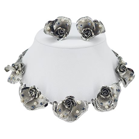 Vintage 3D Roses Necklace & Clip Earrings w/ Rhinestones & Faux Pearls