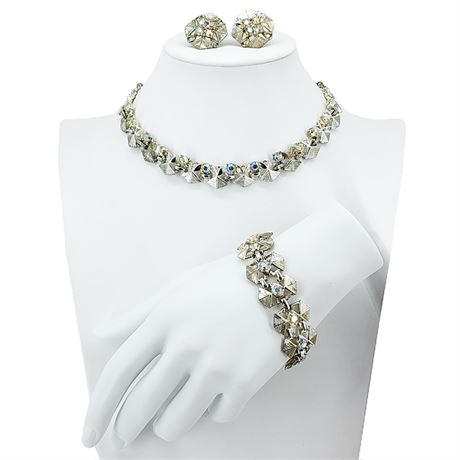 Vtg BSK Aurora Borealis Rhinestone Demi-Parure Set, Flawed