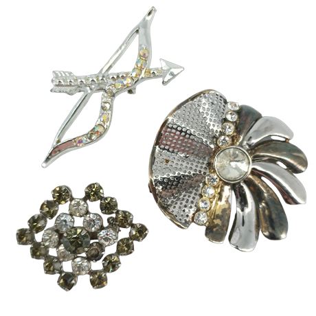 Silver Soirée Sparkle Brooch Trio - Rhinestones, Cupid's Arrow, and Flower
