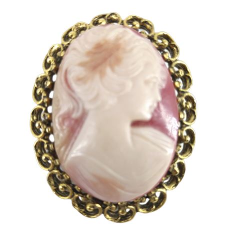 Vintage Cameo Brooch, Pink Lady Portrait, Gold-Tone Frame, Victorian Style