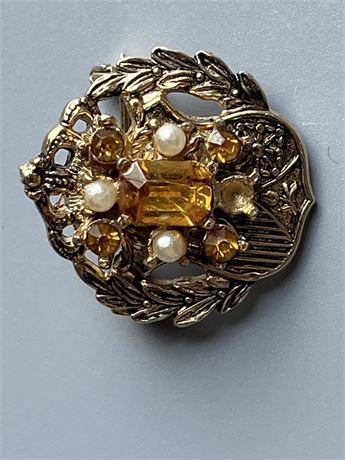 Coral citrine and pearl rhinestone brooch