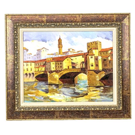 Original Ponte Vecchio Florence Painting Signed Framed Italian Bridge Landscape