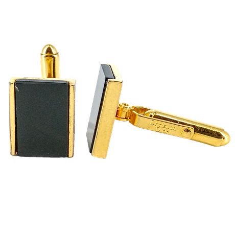 Christian Dior Gold Tone & Black Rectangular Cufflinks