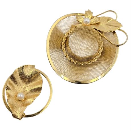 Pair Vintage Gold Tone Leaf and Mesh Hat Brooches