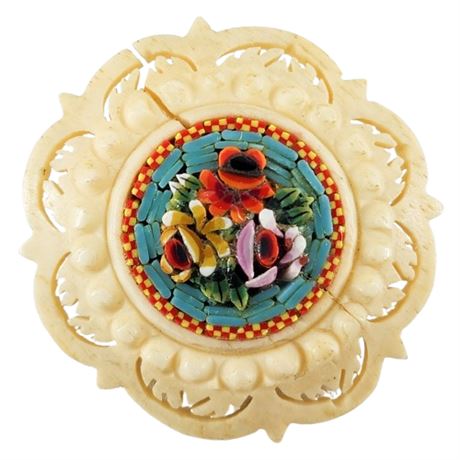 Antique Italian Micro Mosaic Flower Brooch on Carved Bovine Bone