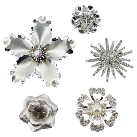 Five Vintage Silver Tone Rhinestone Flower Brooches