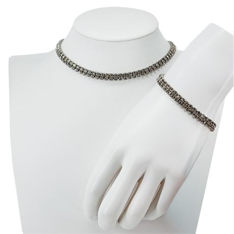 Vintage 2-Row Prong Set Clear Rhinestone Necklace & Bracelet