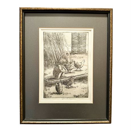 Signed Donna Crane Feeding Chickens Etching