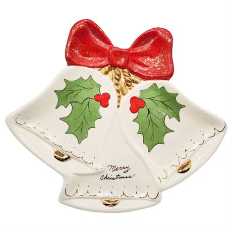 Vintage Handmade Ceramic Christmas Bells & Holly Dish