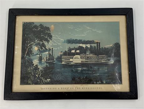 Vintage Currier & Ives Reprint of Rounding A Bend on the Mississippi Lithograph