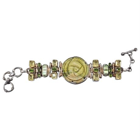 Sterling Silver, Carved Serpentine Rose, Gemstone, & Freshwater Pearl Bracelet