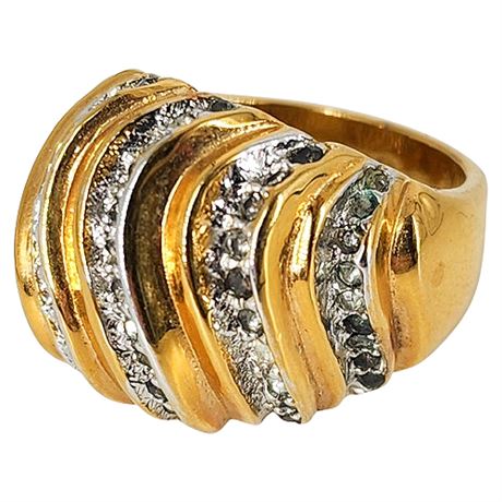 Vintage 18KHGE Chunky Rhinestone Waves Ring, Sz 8