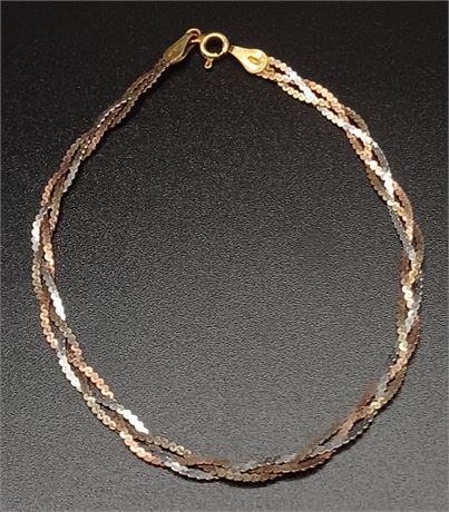 Sterling tricolor flat braid bracelet 7.5 in 2.49 G
