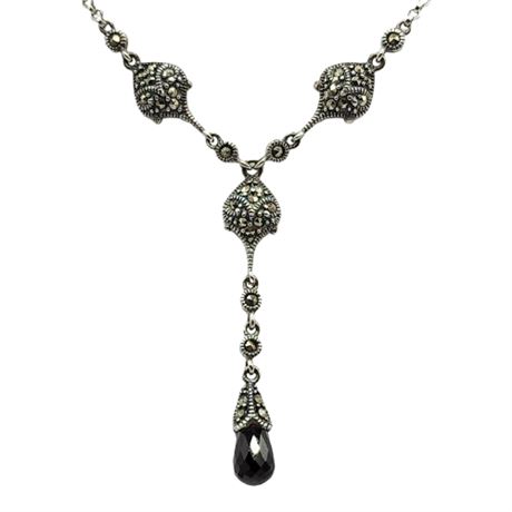 Art Deco Style Sterling Silver Marcasite & Amethyst Y-Drop Necklace