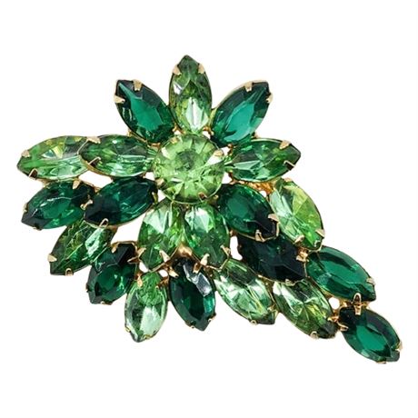 Vintage Prong Set Green Rhinestone Navette Brooch