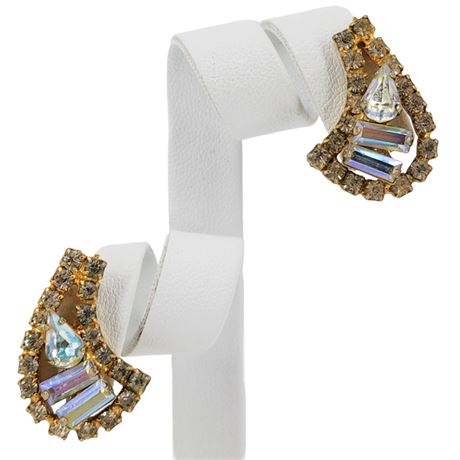 Vintage Prong Set Clear & Aurora Borealis Rhinestone Paisley Screwback Earrings