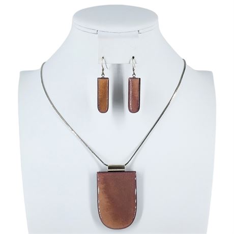 Artisan Made Minimalist Sterling Silver & Wood Pendant & Earrings Set