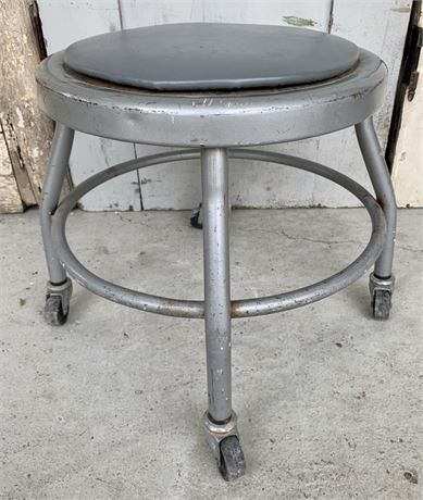 15” Vintage Industrial Gray Metal Upholstered Seat Stool on Casters