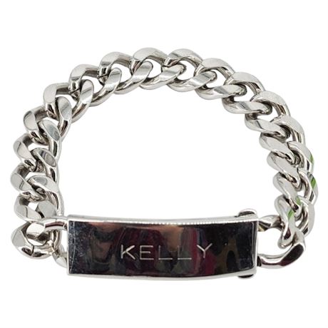 Vintage SPIEDEL Rhodium Plated Heavy Curb Chain ID Bracelet, Engraved KELLY