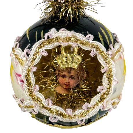 Dresden-Style Vintage Glass and Paper Ball Christmas Ornament
