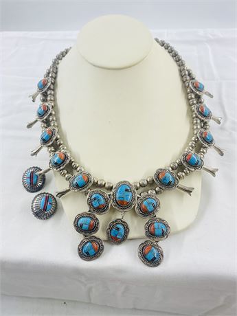 Amazing 129g RB Zuni Sterling Squash Blossom Necklace and Earring Set