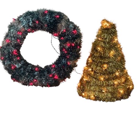 Gold Tree with Lights & Blue and Silver Wreath with Lights