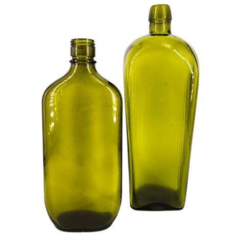 Pair Vintage Olive Green Glass Bottles