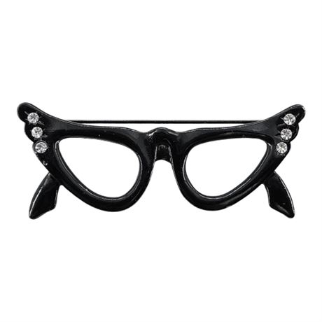 Vintage Black Enamel & Rhinestone Cat Eye Glasses Brooch