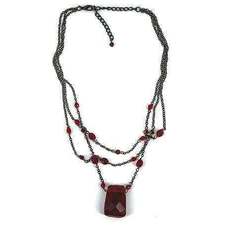 Layered Gunmetal Necklace with Red Beads & Faceted Statement Pendant