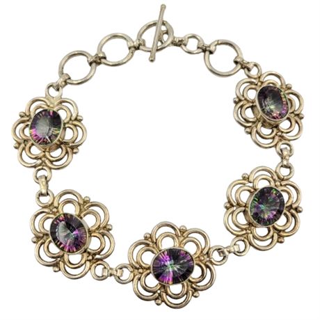 Silver Tone Genuine Mystic Topaz Flower Chain Bracelet