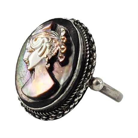 800 Silver Carved Abalone Cameo Ring, Sz 9.5