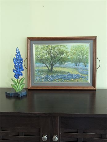 Lot Bluebonnet Serving Tray + Handpainted Figurine