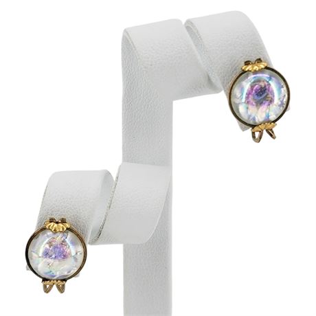 Vintage CASTLECRAFT Iridescent Art Glass Gold Filled Slide-On Earrings in Box