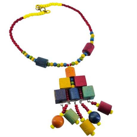 Vintage Rainbow Wooden Bead Necklace